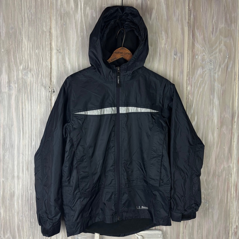 L.L. Bean Black Hooded Trail Model Jacket Reflective Stripe Kids M 10-12 #248055